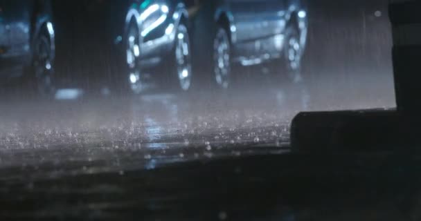 Cars Lit Headlights Driving Wet Road Rainy Night View Big — стоковое видео