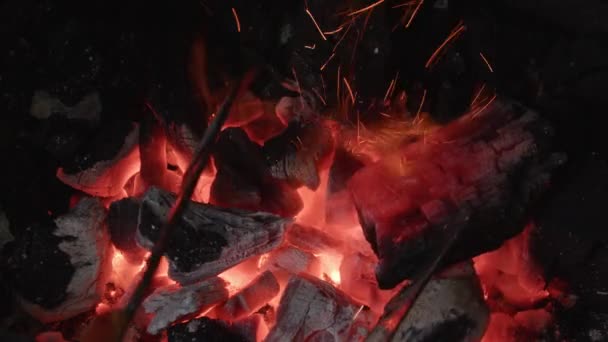 Close View Glowing Embers Burning Coals Which Emit Bright Warm — ストック動画