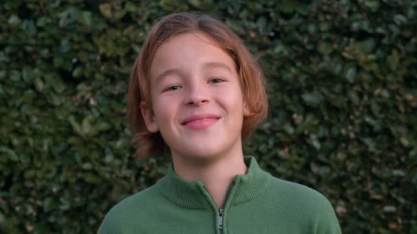 Dvanáctiletý Chlapec Dívající Potlačeným Úsměvem Kamery Rozesmál Před Živým Plotem — Stock video