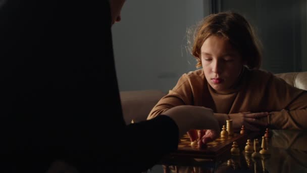 Young Boy His Mother Engage Game Chess Sitting Each Other — Stok video