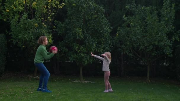 一对兄妹在后院绿树成荫的活栅栏旁玩耍着一个游戏 他们互相掷一个球 并在掷出之前喊出一个物体 不管它是可以吃的还是不可吃的 — 图库视频影像