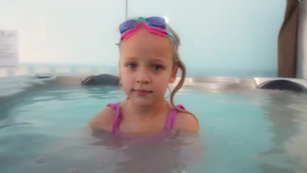 Year Old Girl Swim Goggles Her Forehead Sits Outdoor Hot — Stock Video