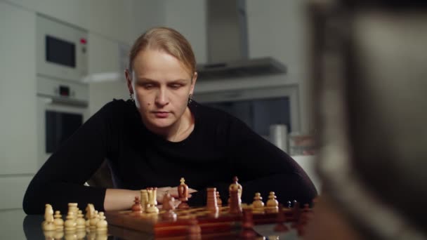 Mother Son Enjoying Game Chess Together Medium Shot Woman Playing — Stock Video