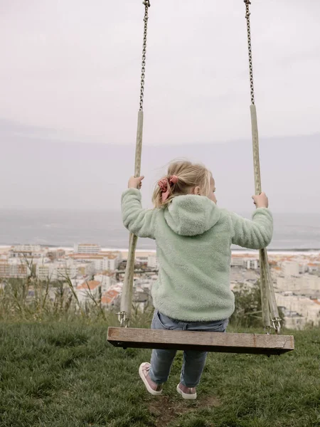 Year Old Girl Swinging Simple Wooden Swings Top Hill Viewed — Stock Photo, Image