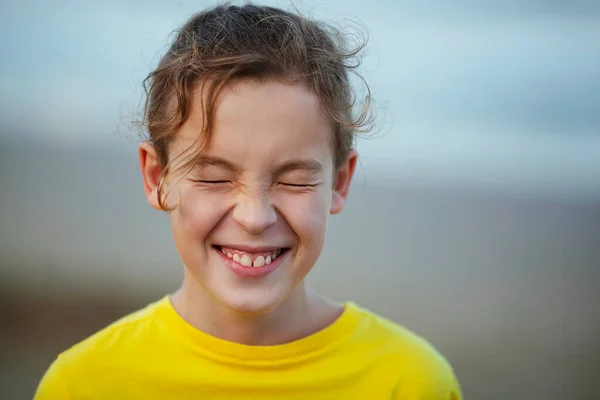 Close Shot Boy Laughing Eyes Closed Tight Happy Child Curly —  Fotos de Stock