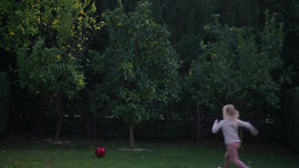 Μια Μπάλα Πετάει Μέσα Στο Πλαίσιο Ένα 5Χρονο Κορίτσι Τρέχει — Αρχείο Βίντεο