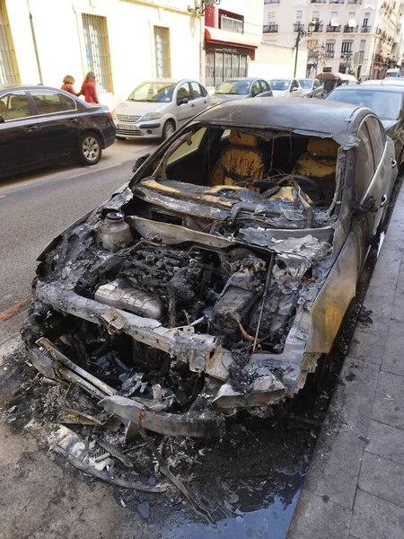 Vertical Photo Car Completely Burned Out Hood Missing Windshield — Stock Photo, Image