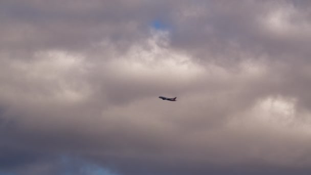 Plane Flying Slow Motion Cloudy Sky — Stock Video