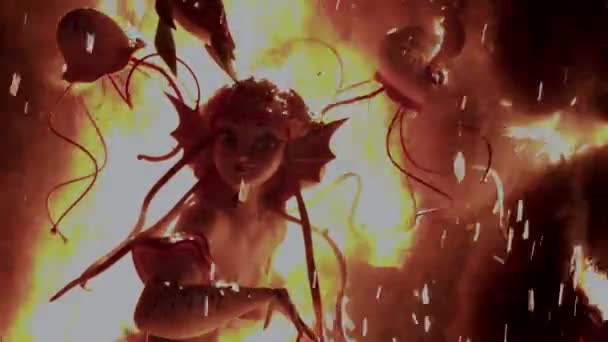 Νινώ Κούκλα Καίγεται Νύχτα Εορταστική Φωτιά Σκεπασμένη Φλόγες Και Περικυκλωμένη — Αρχείο Βίντεο