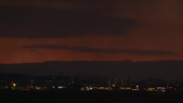 Tle Ciemnego Nocnego Nieba Rozmytych Świateł Miasta Dwa Ptaki Latają — Wideo stockowe