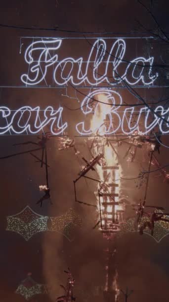 Vertical Video Fallas Structures Ninot Dolls Burn Night Bonfire Backdrop — Stock Video