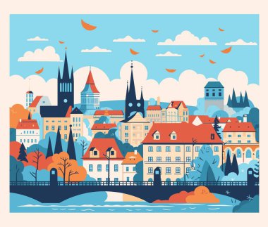 Prag şehir manzarası. Çek Cumhuriyeti. Düz biçimli vektör illüstrasyonu