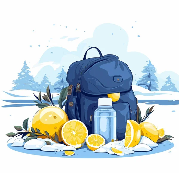 Ilustración Una Mochila Azul Una Botella Agua Limones Nieve Ilustraciones de stock libres de derechos