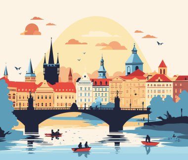Prag, Çek Cumhuriyeti. Çizgi film tarzında vektör illüstrasyonu
