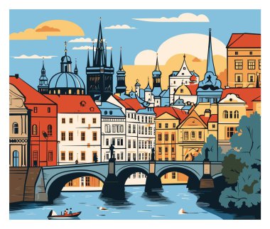 Prag şehri, Çek Cumhuriyeti. Düz biçimli vektör illüstrasyonu