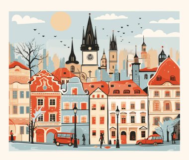 Prag 'ın eski bir kasabası, Çek Cumhuriyeti. Düz biçimli vektör illüstrasyonu