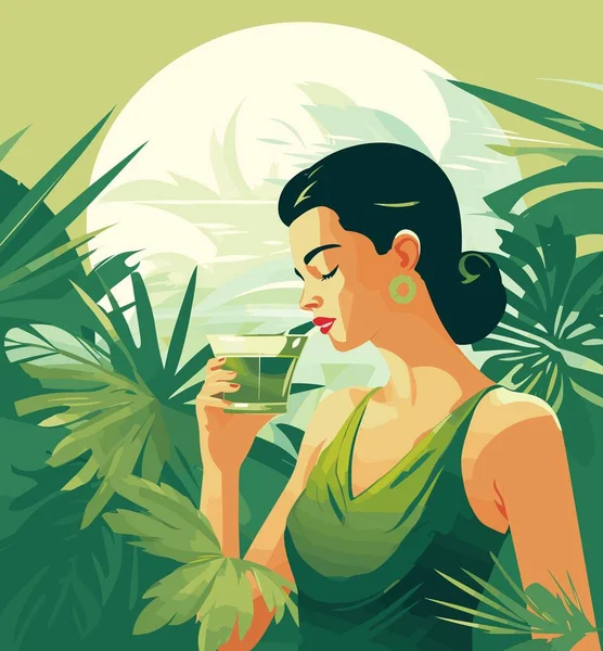 Una Mujer Saborea Momentos Serenos Bebiendo Verde Una Exuberante Selva Ilustración de stock