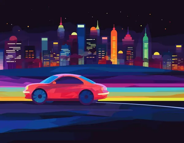 Gece Şehirde Araba Yolda Vektör Çizimi Vektör Grafikler