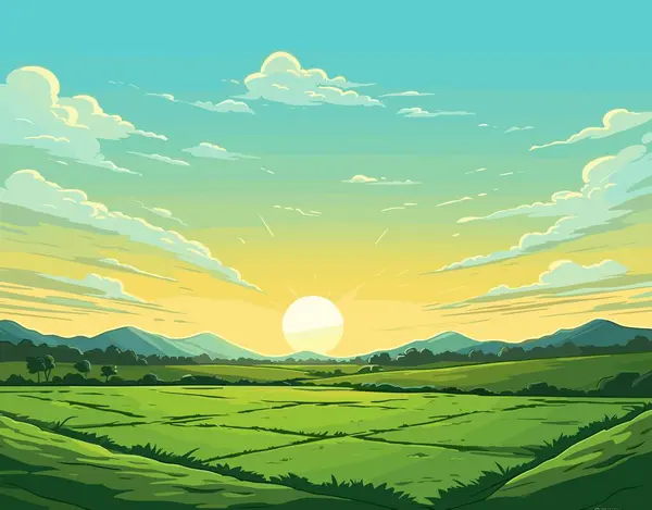 Lenyűgöző Napfelkelte Zöld Mezők Felett Arany Nappal Fényes Felhőkkel Égen Stock Illusztrációk