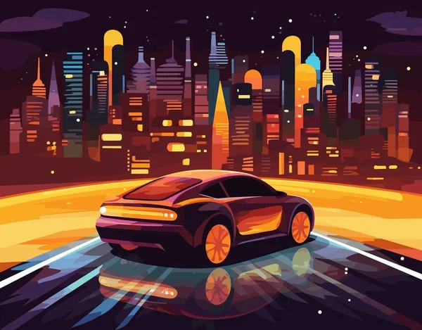 Egy Autó Úton Városban Éjszaka Vektorillusztráció Stock Illusztrációk