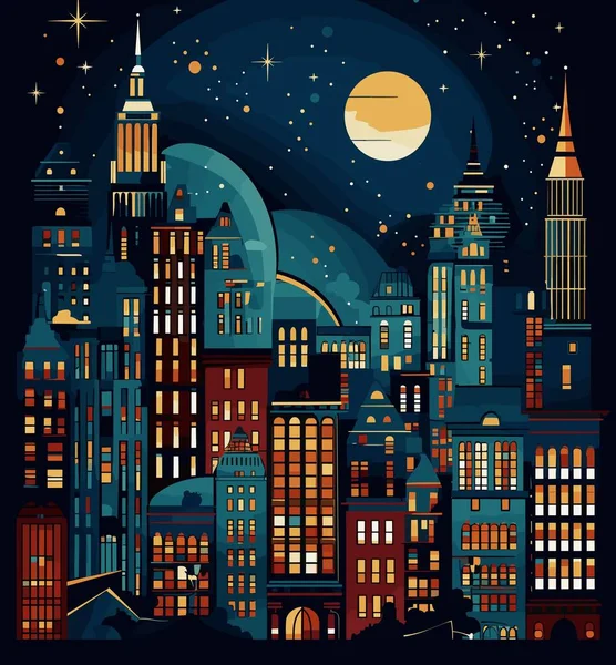 Ciudad Por Noche Con Luna Estrellas Ilustración Vectorial Estilo Plano — Archivo Imágenes Vectoriales