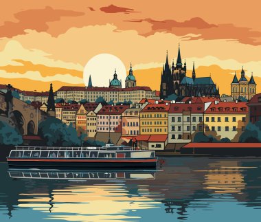 Prag şehir manzarası gün batımında, Çek Cumhuriyeti. Vektör illüstrasyonu