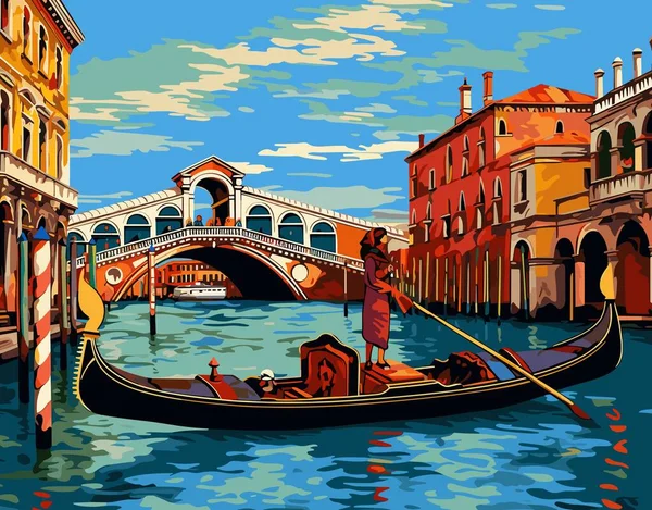 Vívida Escena Del Canal Veneciano Con Puente Arqueado Gondolier Impulsa Gráficos Vectoriales