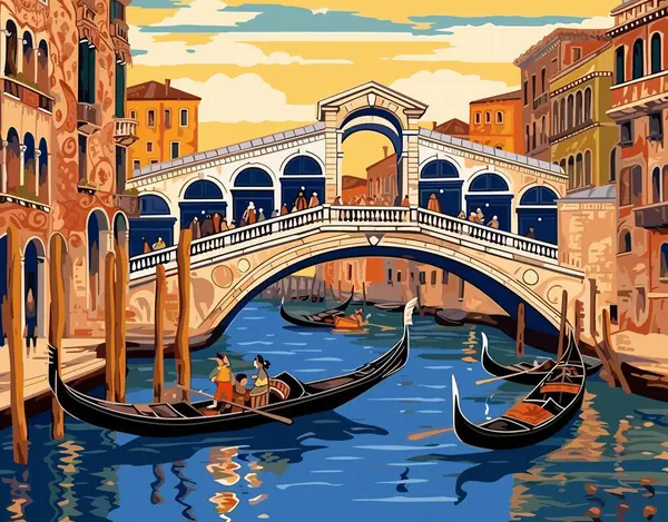 Egy Velencei Csatorna Jelenetének Illusztrációja Gondolák Mozognak Egy Díszes Híd Stock Illusztrációk