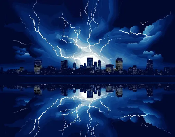 Geceleri Şehirde Fırtına Kopuyor Vektör Illüstrasyonu Vektör Grafikler