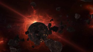 Mars 'ın CG animasyonu, engebeli arazisini, kanyonlarını ve dağlarını gösteriyor. Uzay keşfi belgeselleri veya eğitim videoları için uygundur.