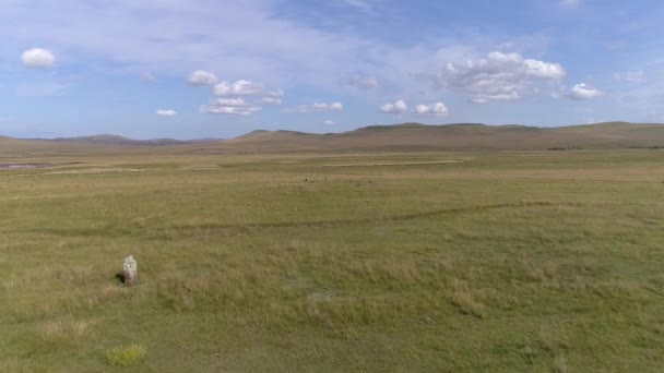 ロシアのハカシアの息をのむような空想的な眺め 鮮やかな青空 ふわふわした雲 緑の草 — ストック動画