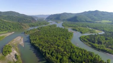 Sibirya nehrinin havadan görünüşü, canlı renkler, çarpıcı manzaralar. İnsansız hava aracı yaz aylarında doğa güzelliğini ve kırsal çekiciliği yakalar..