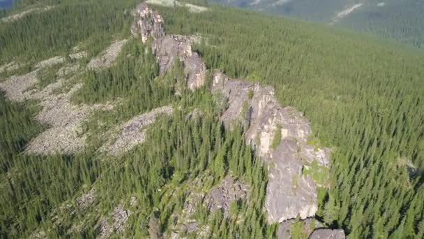 息をのむような空中映像は 素晴らしい岩の形状と壮大な山の尾を備えた遠隔のタイガの美しさを捉えています — ストック動画