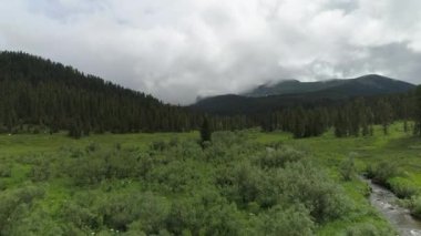 Rusya 'nın Krasnoyarsk kentindeki Ergaki Doğal Parkı' nın havadan görünüşü. Yeşil ormanları, dağları ve sakin gölü olan göz kamaştırıcı bir manzara. Doğa aşıkları ve seyahat meraklıları için mükemmel..