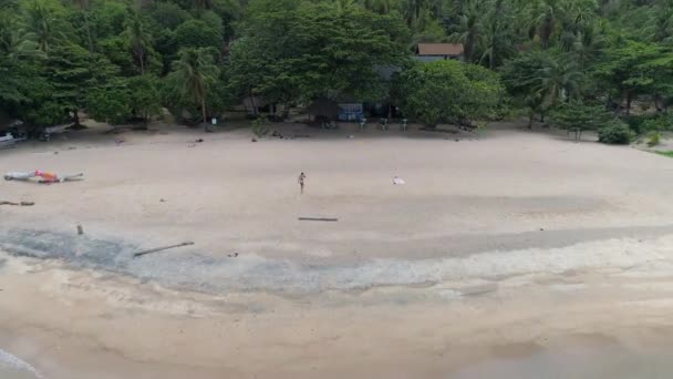 Вид Воздуха Пляж Таиланда Девушка Ходит Песчаному Берегу Наслаждаясь Спокойной — стоковое видео