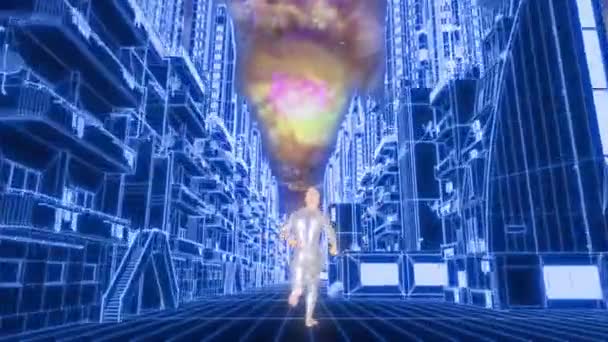 Cg动画的男人跑在一个未来派城市 看着他在这个迷人的视频中穿越高科技大都市 — 图库视频影像