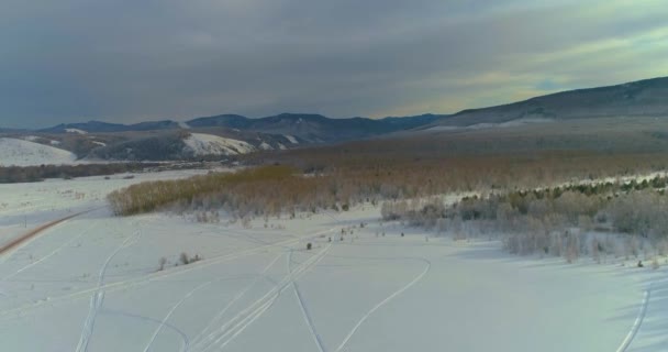 俄罗斯卡卡西亚覆盖着积雪的西伯利亚山脉的令人惊叹的空中景观 河流蜿蜒穿过森林 雄伟的树木点缀风景 完善的越野旅行目的地 — 图库视频影像