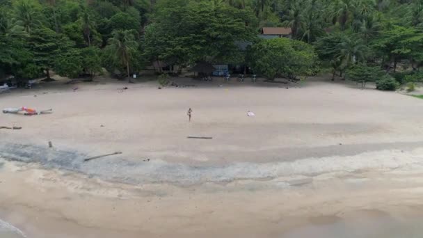 タイビーチの空中ビュー 女の子は穏やかな雰囲気と澄んだ海を楽しんで 砂浜を歩いています トランキルシーンはタイのビーチのリラックスと美しさをキャプチャします — ストック動画