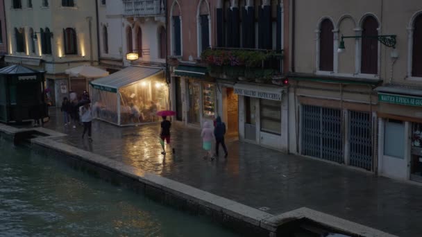 Wencja Włochy Lipiec 2023 Przechodnie Parasolami Spacerują Mokrym Chodnikiem Obok — Wideo stockowe