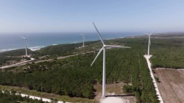 Temiz enerji üreten beyaz rüzgar türbini Atlantik Okyanusu kıyısı boyunca yoğun bir ormanın yakınında duruyor.