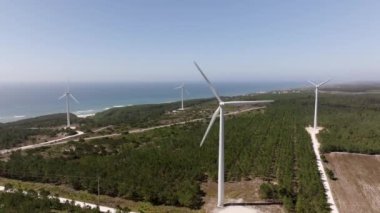 Rüzgâr türbini canlı bir sahil şeridinde dönüyor. Berrak mavi gökyüzünün altında yemyeşil bir orman boyunca temiz enerji üretiyor.