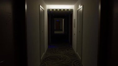 Karanlık otel koridoru ışıkları uzun gölgeler bırakıyor. Ürkütücü bir sessizlik yayıyor. Terk edilmiş, sessiz bir koridor ve yükselen gerilim.