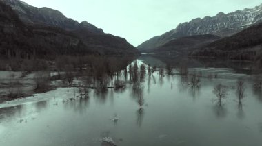 Hava görüntüsü - Serene gölü yüzeyi Pireneler 'in karla kaplı zirvelerini yansıtıyor, yapraksız ağaçlar Huescas' ın sakin sularına gömülmüş, el değmemiş kış ıssızlığı.