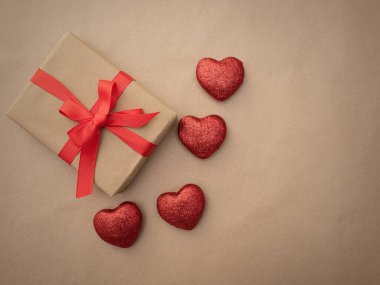 Valentines Day background. Gifts, confetti. Valentines day concept. Flat flat, top view, copy space