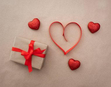 Valentines Day background. Gifts, confetti. Valentines day concept. Flat flat, top view, copy space