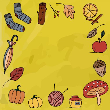 El Çizimi Sonbahar İllüstrasyon Seti. Sonbahar Vibe Simgesi. Cheesecake Balkabağı Çorapları Şemsiye Çıkartma Sanat Koleksiyonu Krem Arkaplan Vektörü EPS 10