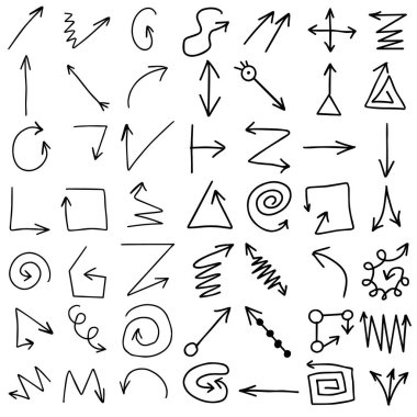 İşaretli oklar. El çizimi siyah noktalar, beyaz arkaplanda izole edilmiş ok simgeleri. Yönlendirme elementleri, fırça darbeleri. Farklı kavisli oklar. İşaret çizimi. Vektör illüstrasyonu