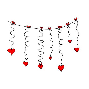Karmaşık karalanmış kalpler bir ipe asılı, ince çizgili eller, ayırıcı şekilli. Beyaz arka planda izole edilmiş. Vektör illüstrasyonu