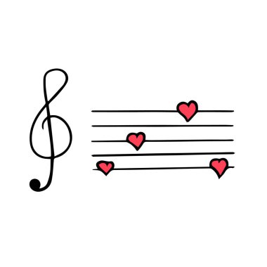 Sevgi dolu üçlü anahtarlar bir çizgi çiziyor. Aşk melodisi, tatlı şarkı. Sürekli müzik notası simgesi. Üçlü anahtar ve kalpten oluşan ince bir çizgi. Vektör illüstrasyonu