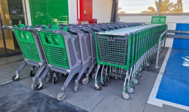 Mercadona 'daki Almeria süpermarketinde bir sıra düzenli alışveriş arabası..